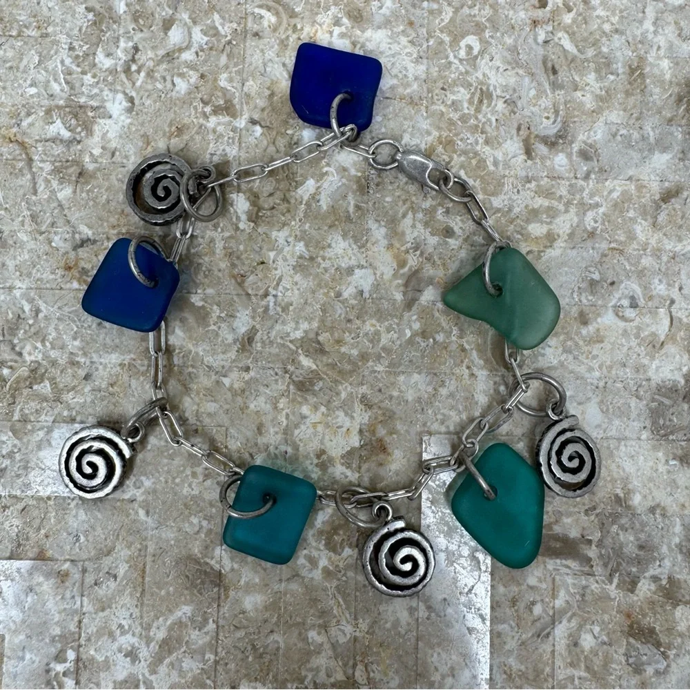 925 Whimsical Silver link Charm Bracelet with Blue and Green Sea Glass size 7